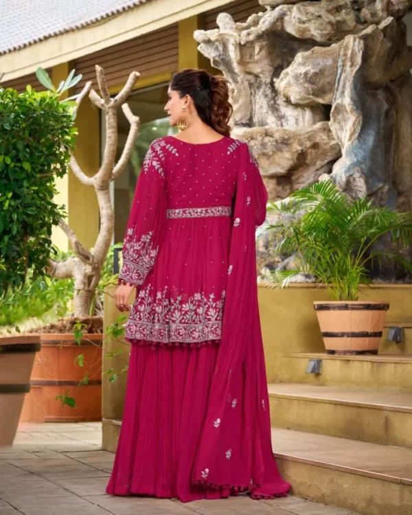 Fuchsia Embroidered Georgette Palazzo Suit Set