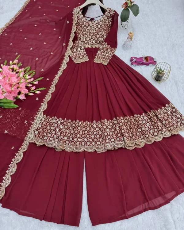Maroon Embroidered Georgette Sharara Suit Set