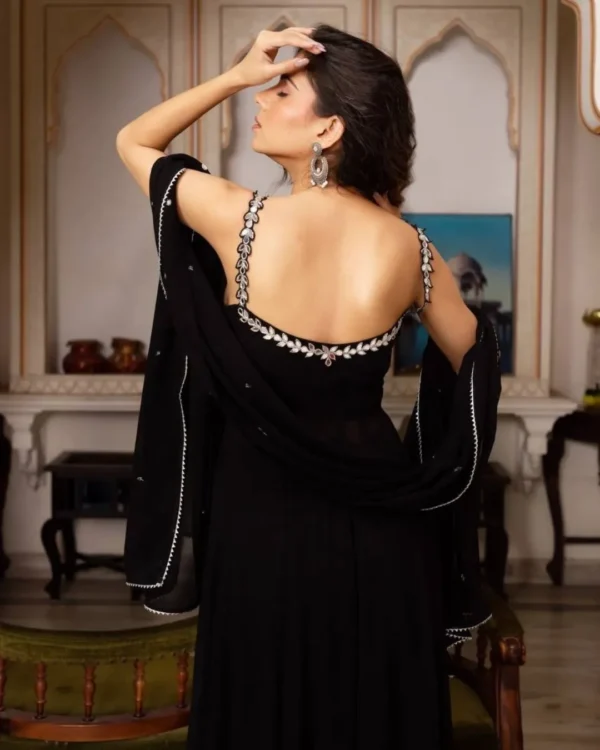 Black Georgette Mirror Work Kurti Palazzo Set with Dupatta