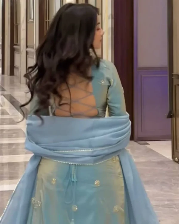 Blue Fandy Silk Sequin Kurti Palazzo Set with Dupatta