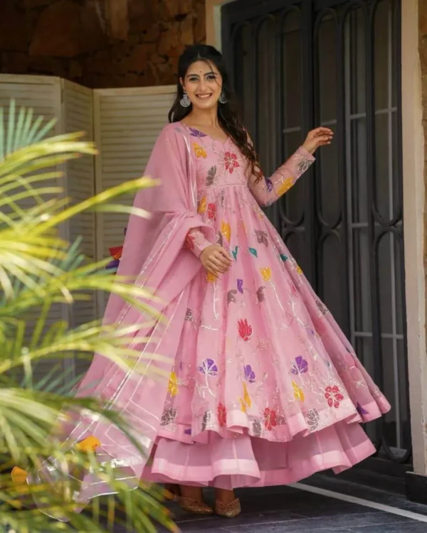 Pink Floral Embroidered Georgette Sharara Suit