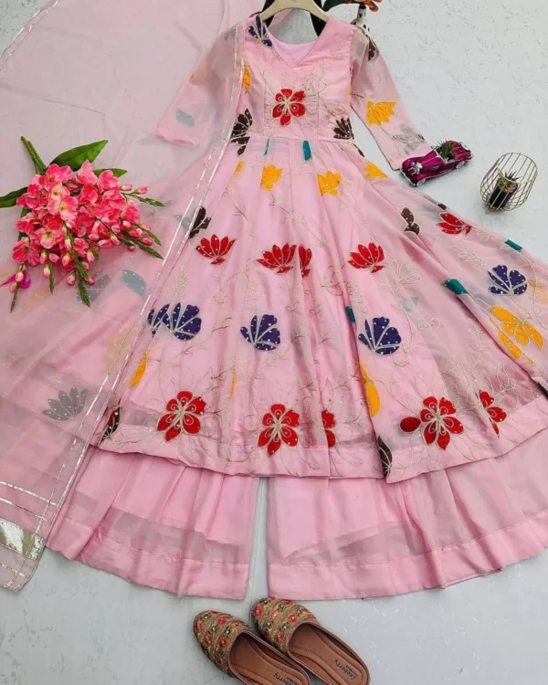 Pink Floral Embroidered Georgette Sharara Suit