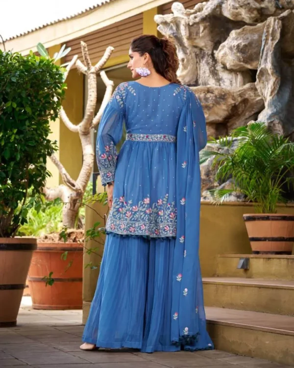 Blue Georgette Floral Embroidered Palazzo Suit Set
