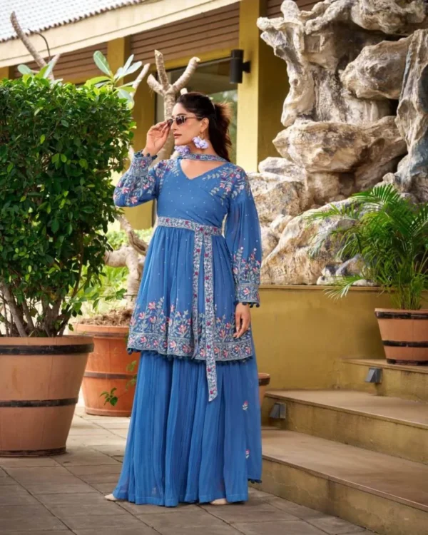 Blue Georgette Floral Embroidered Palazzo Suit Set