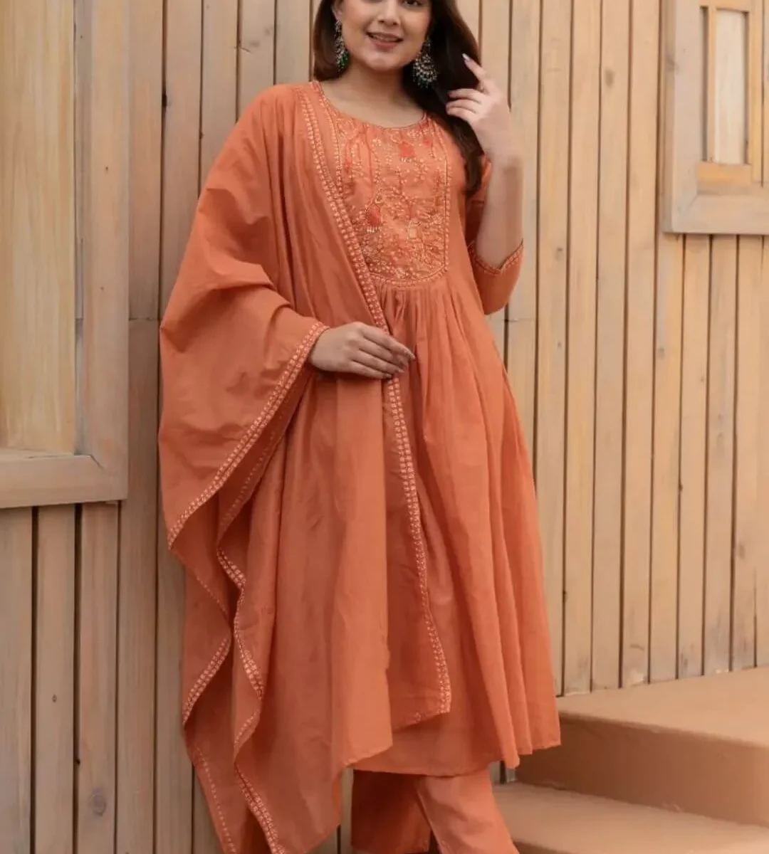 Brown Anarkali Dress Pant With Dupatta Set