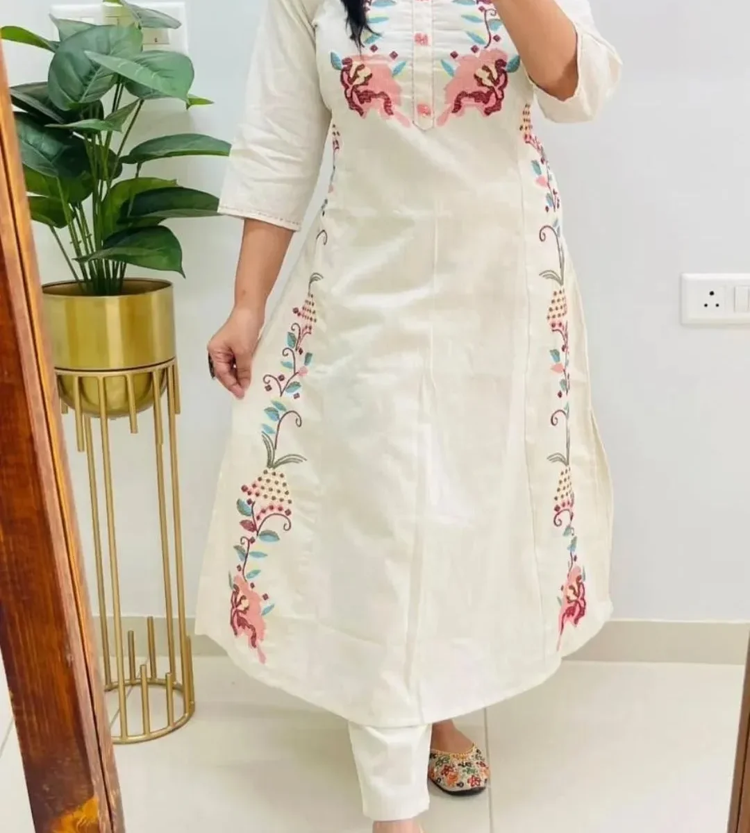 A-Line White Cotton Kurti Palazzo Set