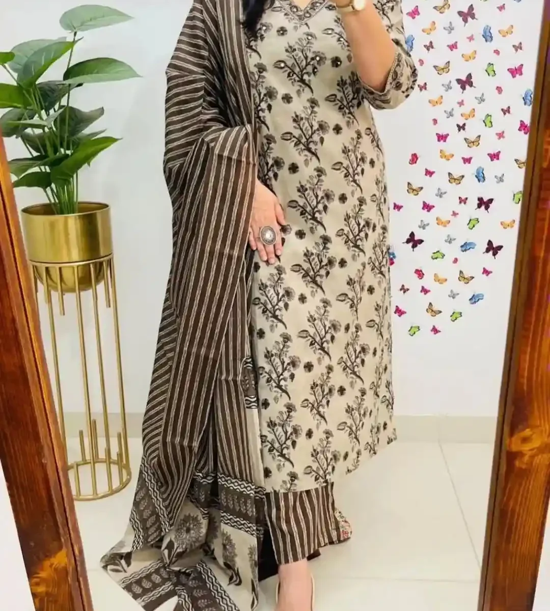 Ajrak Print Cotton Kurti​ Pant Dupatta Set