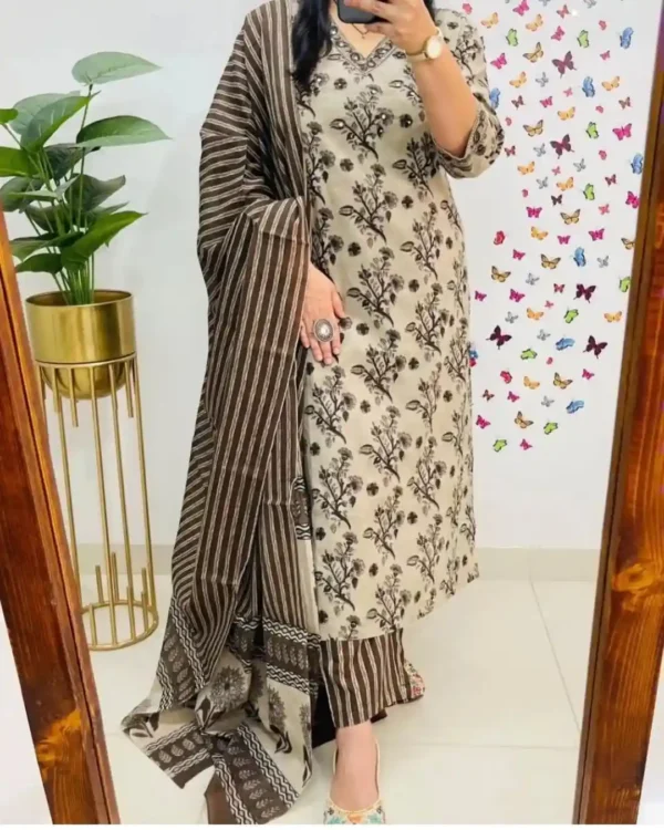 Ajrak Print Cotton Kurti​ Pant Dupatta Set