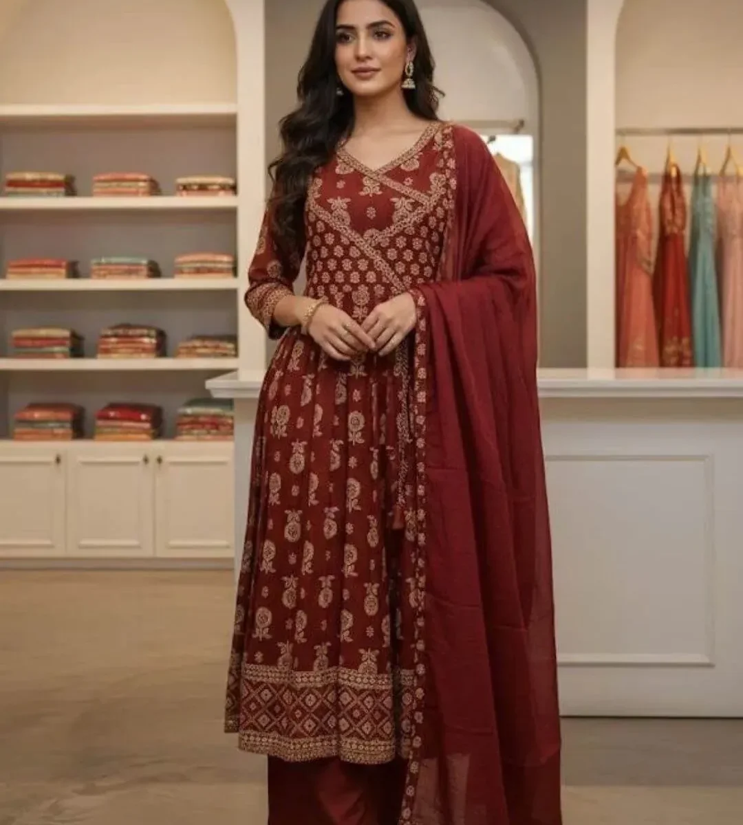 Anarkali Cotton Ajrakh Printed Suit Set