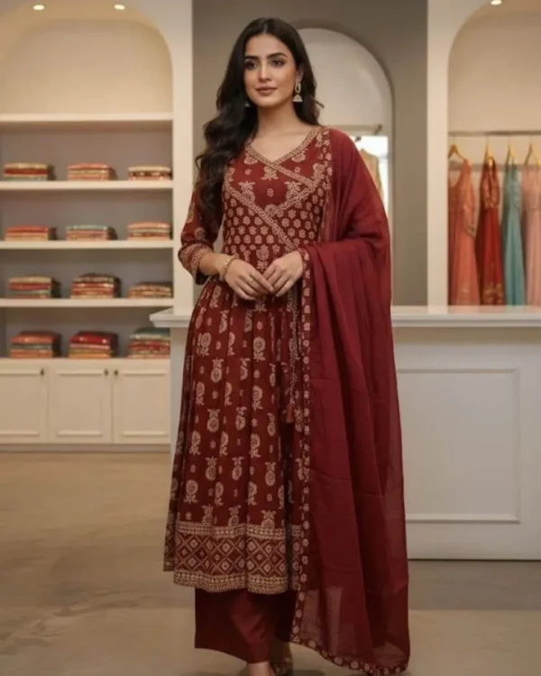 Anarkali Cotton Ajrakh Printed Suit Set