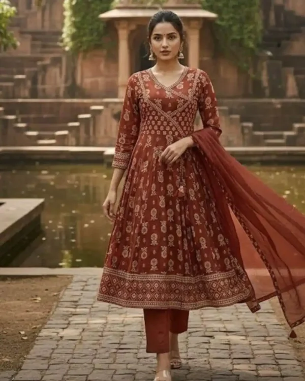 Anarkali Cotton Ajrakh Printed Suit Set
