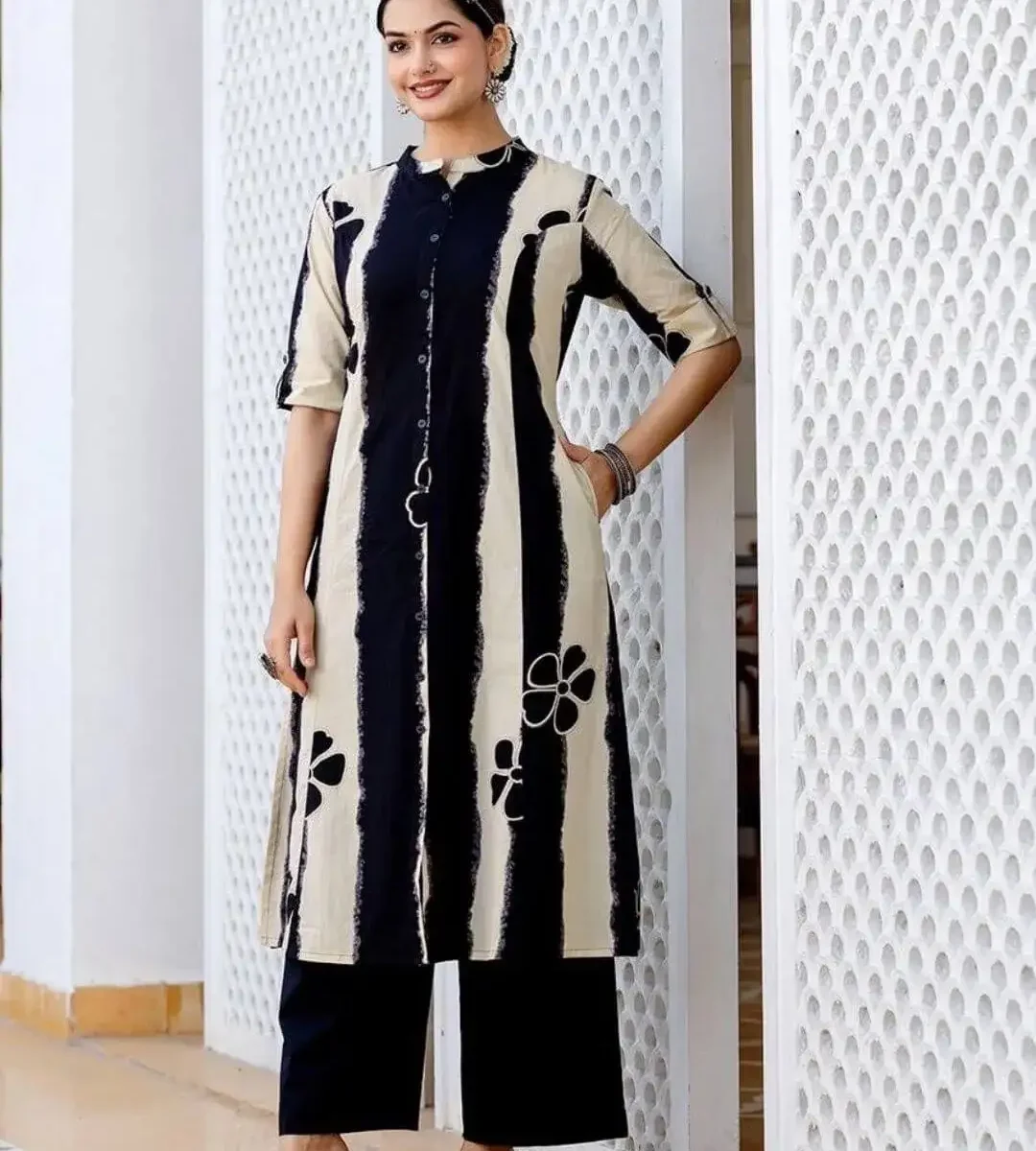 Black And White Printed Kurti With Pant Set
