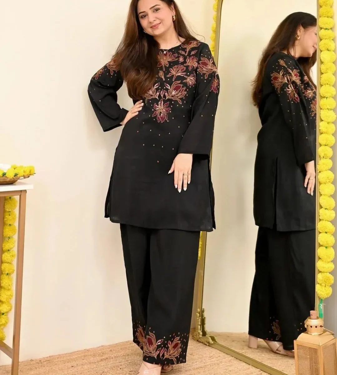 Black Color Cotton Kurti Pant Set