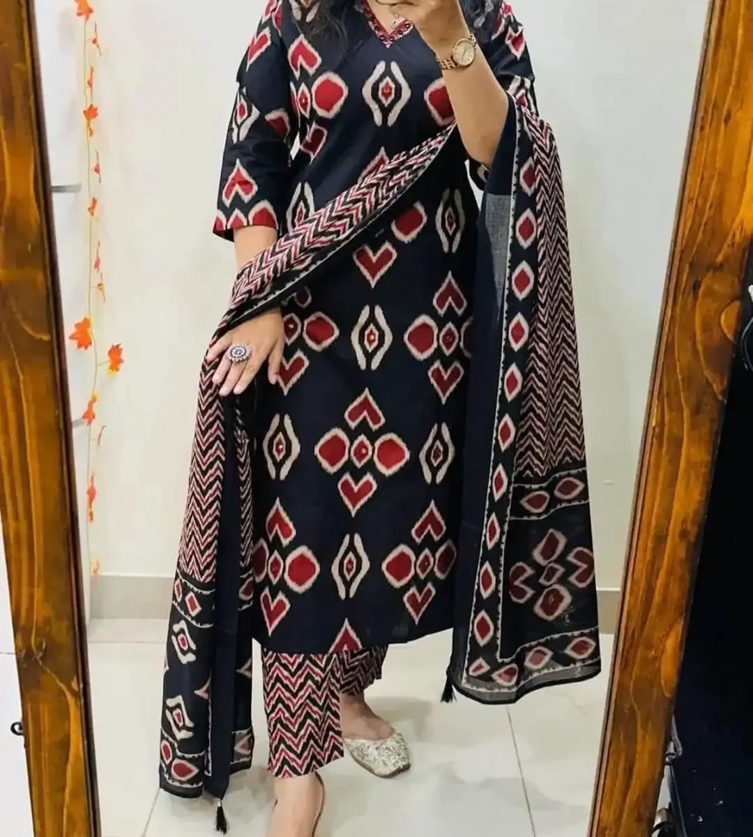 Black Cotton Ajrakh Print Suit Set