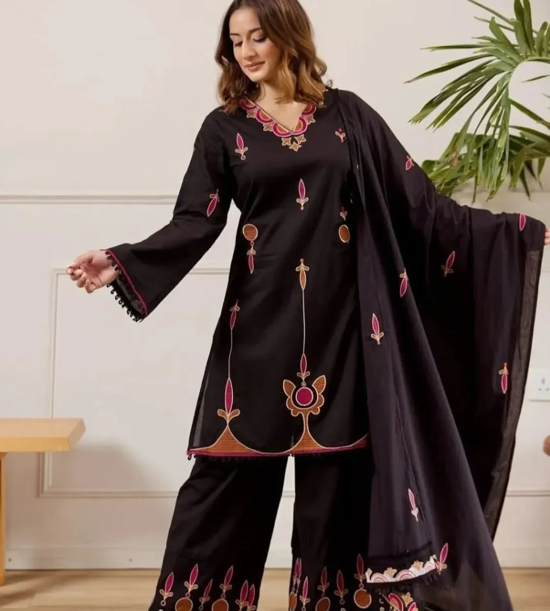 Black Cotton Kurti Palazzo Set With Dupatta