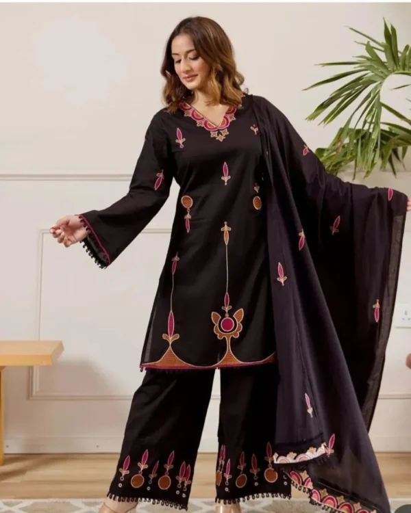 Black Cotton Kurti Palazzo Set With Dupatta