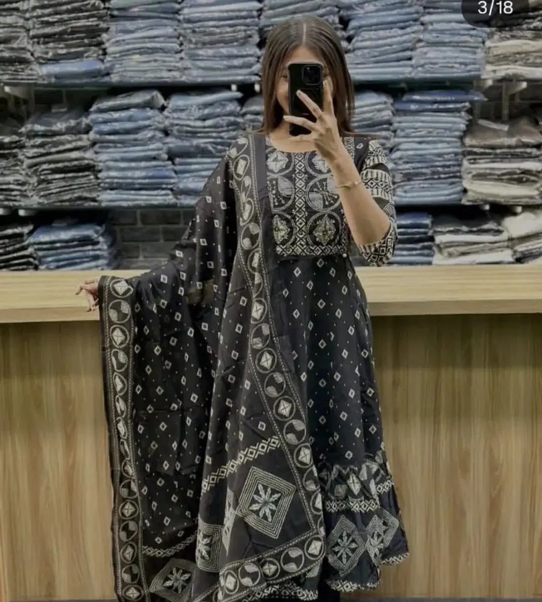 Black Cotton Kurti Pant With Dupatta Set​