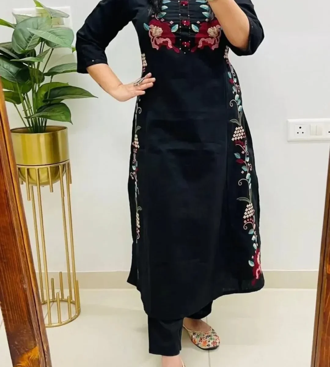 Black Cotton Slub Printed Kurti Pant Set