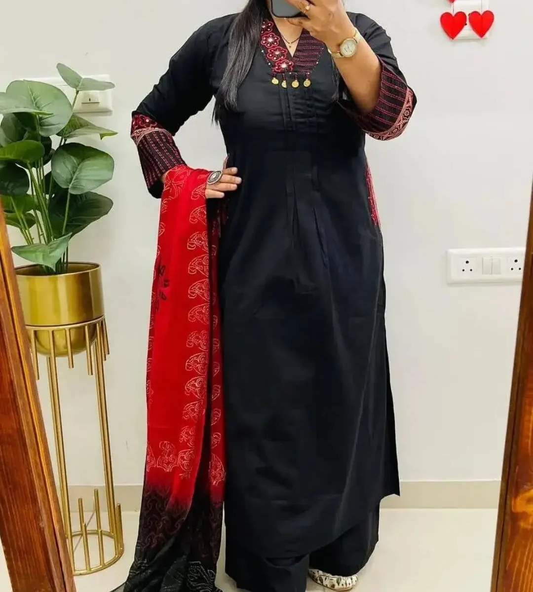 Black Handloom Cotton Embroidery Suit Set