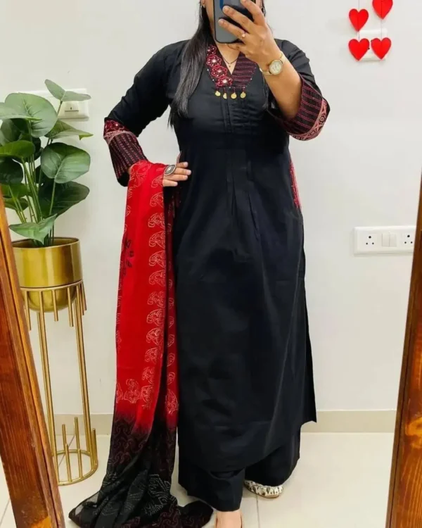 Black Handloom Cotton Embroidery Suit Set