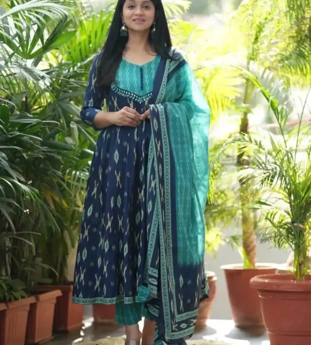 Blue Cotton Ajrakh Printed Suit Set
