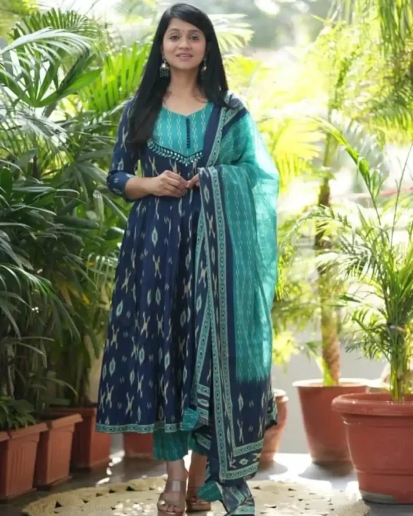 Blue Cotton Ajrakh Printed Suit Set