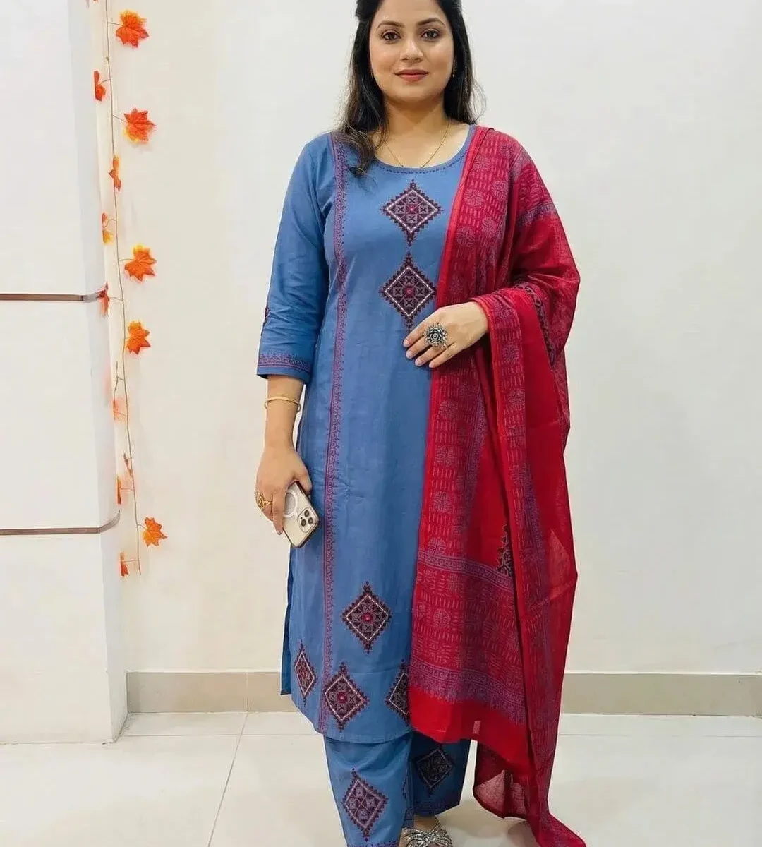 Blue Cotton Kurti Pant Dupatta Set