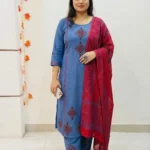 Blue Cotton Kurti Pant Dupatta Set