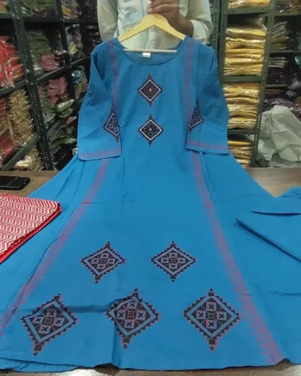 Blue Cotton Kurti Pant Dupatta Set