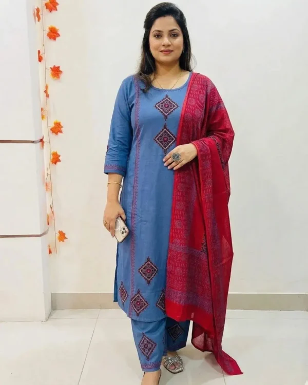Blue Cotton Kurti Pant Dupatta Set