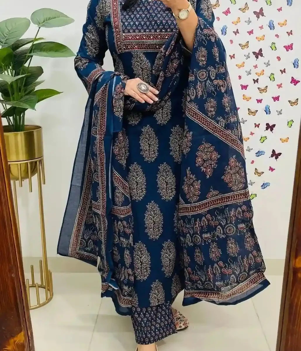Blue Cotton Kurti Pant With Dupatta