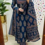 Blue Cotton Kurti Pant With Dupatta