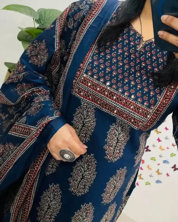 Blue Cotton Kurti Pant With Dupatta