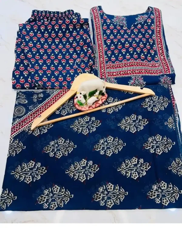 Blue Cotton Kurti Pant With Dupatta