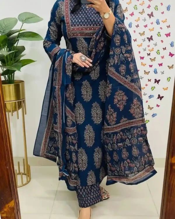 Blue Cotton Kurti Pant With Dupatta