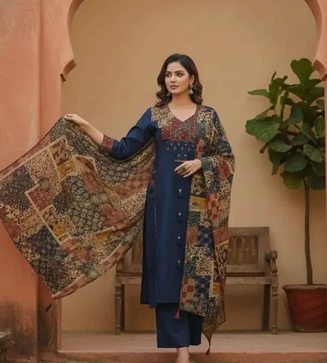 Blue Cotton Kurti Pant With Dupatta Set
