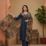 Blue Cotton Kurti Pant With Dupatta Set