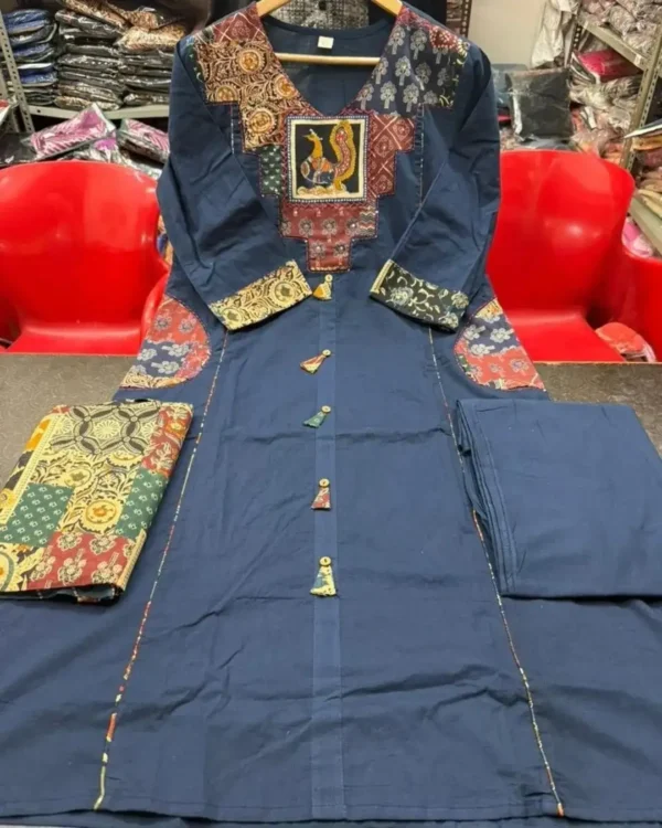 Blue Cotton Kurti Pant With Dupatta Set