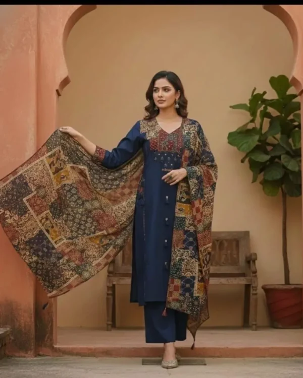 Blue Cotton Kurti Pant With Dupatta Set