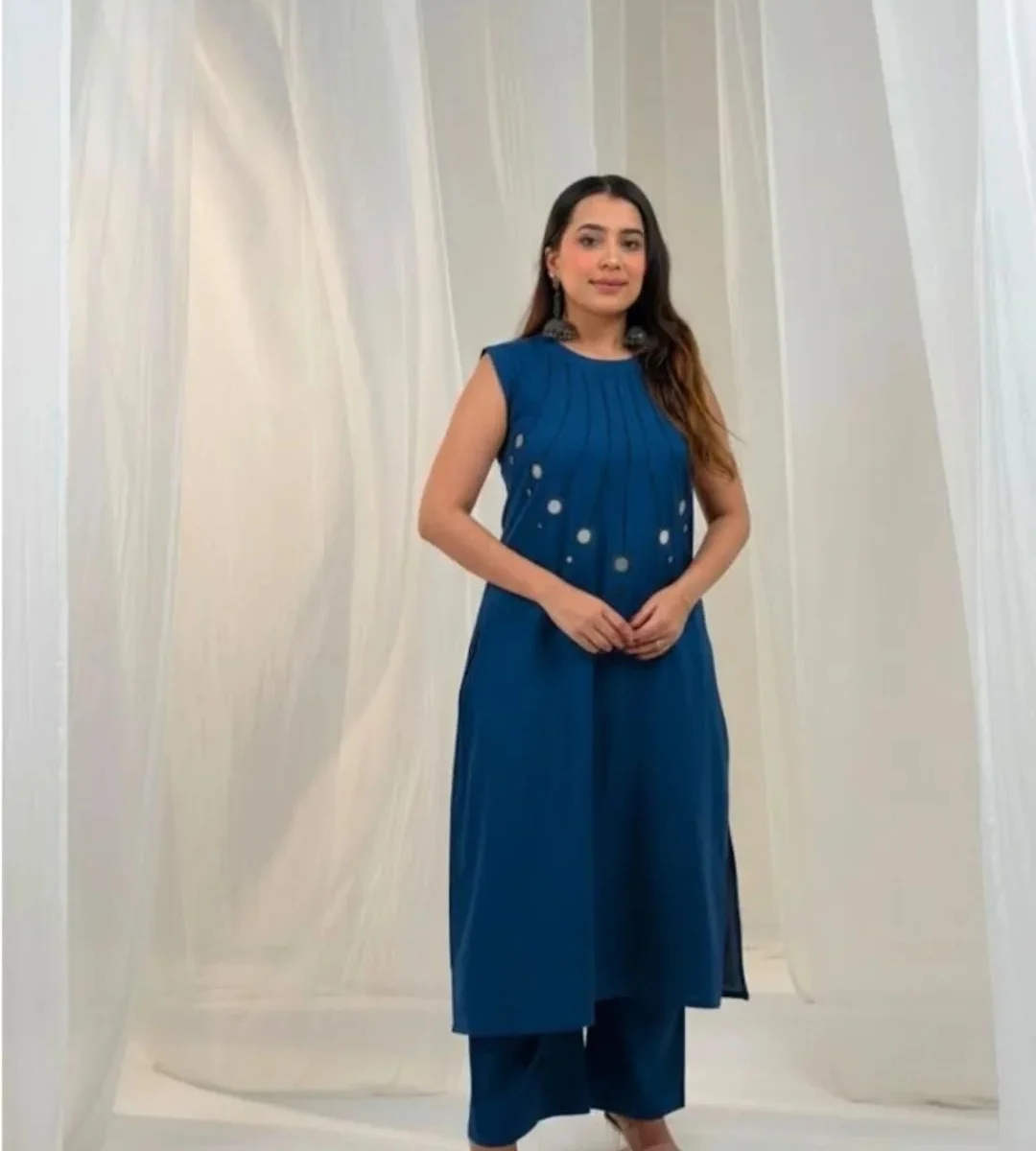 Blue Cotton Slub Kurti Pant Set