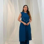 Blue Cotton Slub Kurti Pant Set