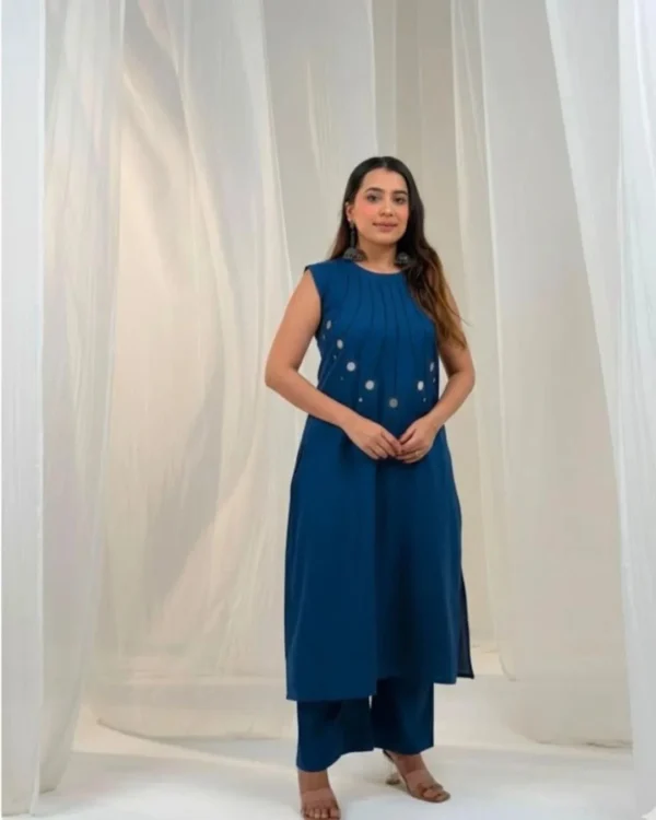 Blue Cotton Slub Kurti Pant Set