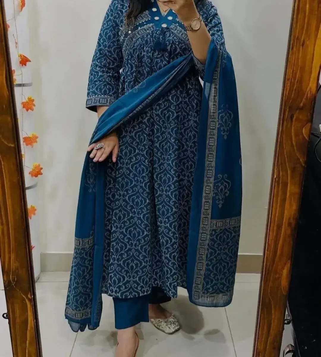 Blue Floral Cotton Kurti Set