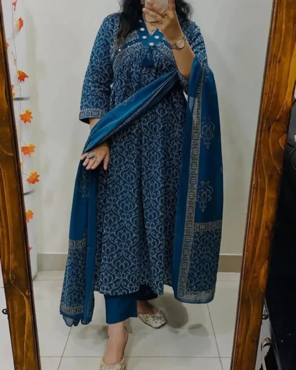 Blue Floral Cotton Kurti Set