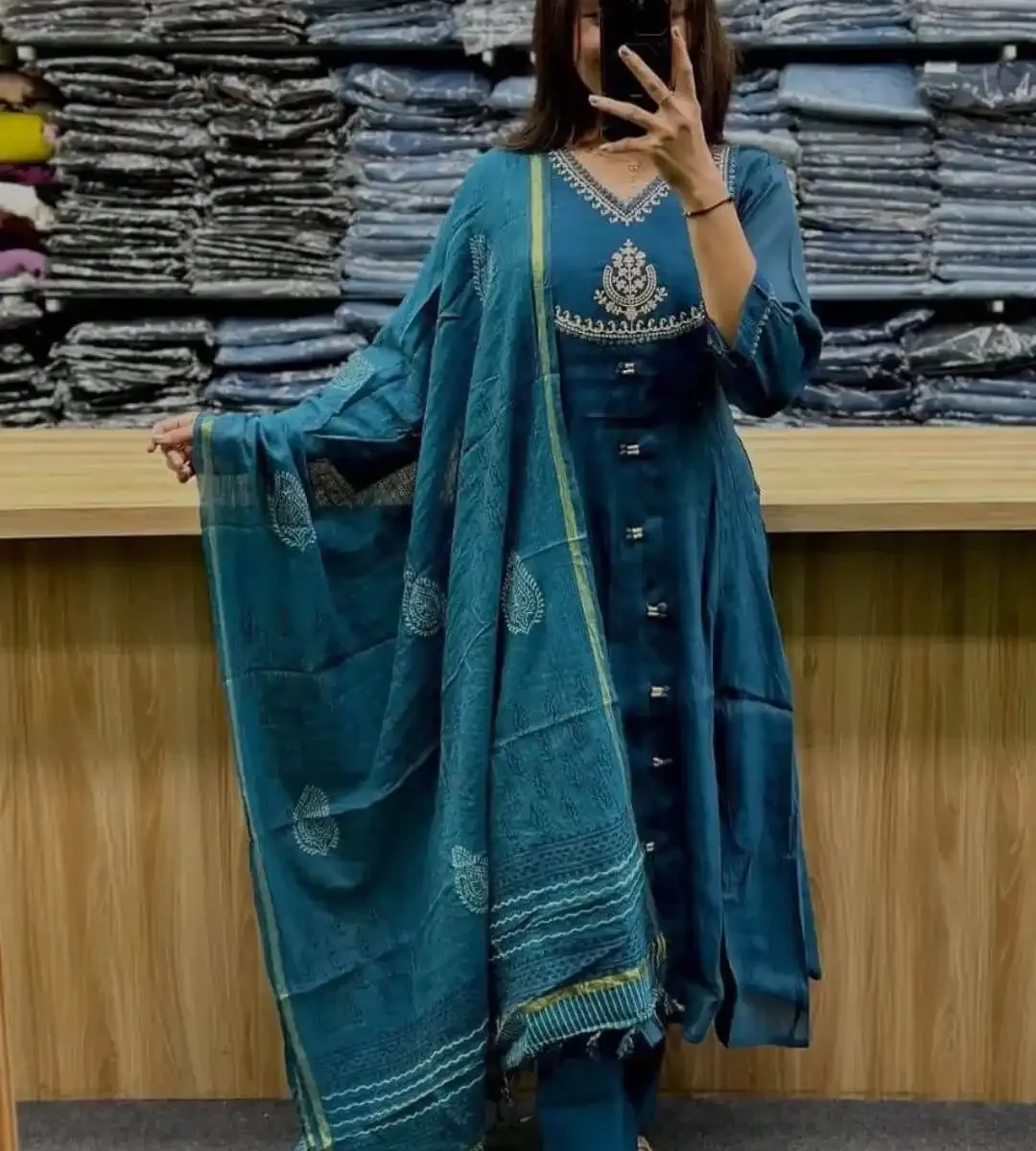 Blue Floral Printed Anarkali Suit Set