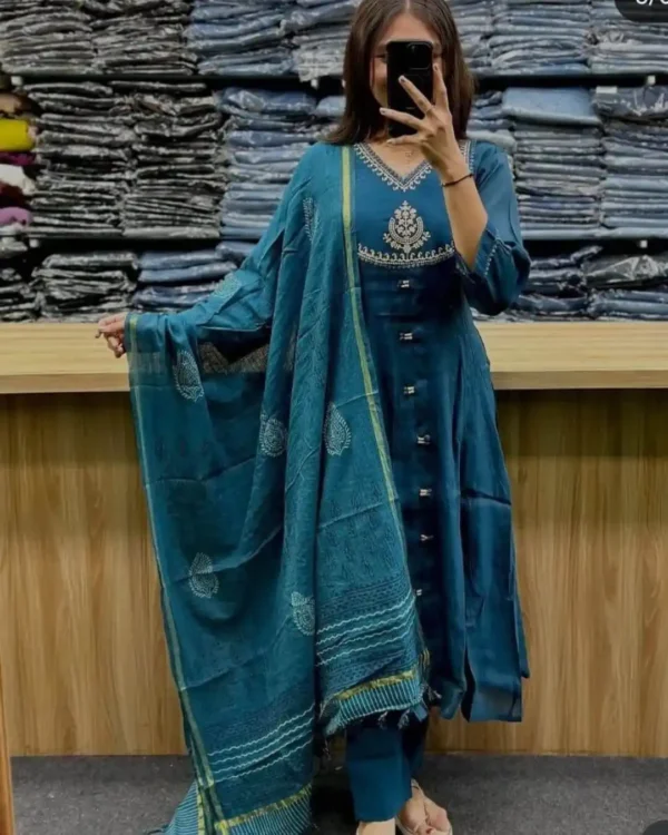 Blue Floral Printed Anarkali Suit Set