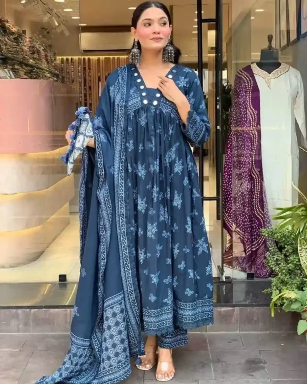 Blue Mulmul Cotton Anarkali Suit Set