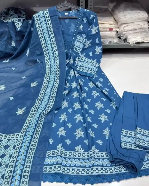 Blue Mulmul Cotton Anarkali Suit Set