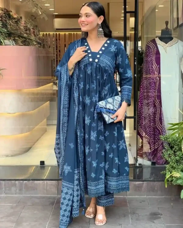 Blue Mulmul Cotton Anarkali Suit Set