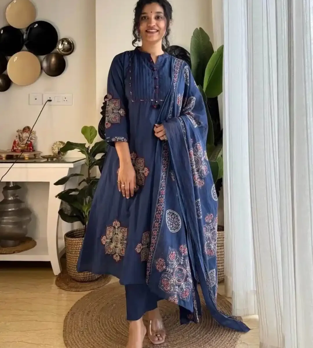Blue Printed Cotton Anarkali Suit Set